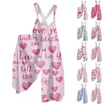 Женская мода ул.. Патрик Принт Повседневный Свободный Спинка Широкий Комбинезон L бежевый