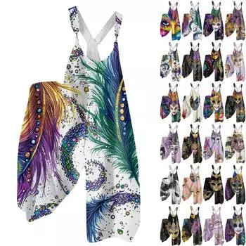 Женская мода ул.. Патрик Принт Повседневный Свободный Спинка Широкий Комбинезон XXXL фиолетовый