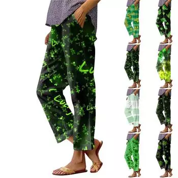 Женская мода ул.. Повседневные брюки с принтом Patrick, прямыми карманами и эластичной талией L армия зеленый