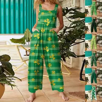 Женская мода ул.. Повседневный свободный ретро-комбинезон с подтяжками и принтом ко Дню Святого Патрика L армия зеленый