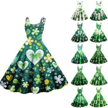 Женская мода ул.. Сексуальное винтажное платье с открытыми плечами с принтом ко Дню Святого Патрика M зелёный