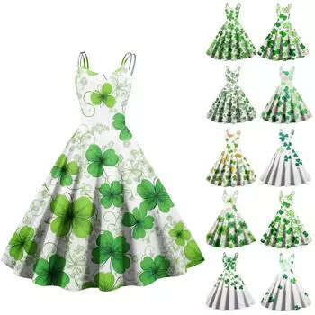 Женская мода ул.. Сексуальное винтажное платье с открытыми плечами с принтом ко Дню Святого Патрика S