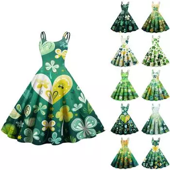 Женская мода ул.. Сексуальное винтажное платье с открытыми плечами с принтом ко Дню Святого Патрика M зелёный