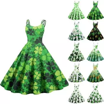 Женская мода ул.. Сексуальное винтажное платье с открытыми плечами с принтом ко Дню Святого Патрика L