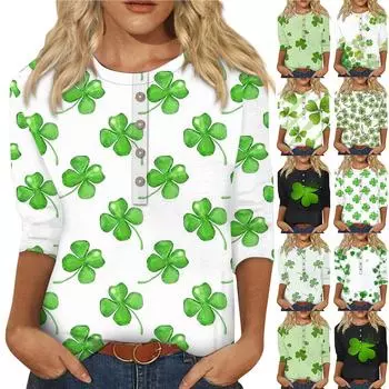 Женская мода ул.. Топ с круглым вырезом и пуговицами с семиточечными рукавами и принтом ко Дню Святого Патрика L