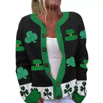 Женская мода ул.. Вязаный кардиган с длинными рукавами и принтом Патрика на пуговицах L армия зеленый