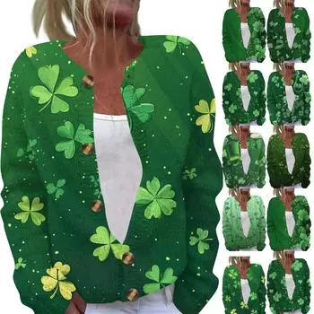 Женская мода ул.. Вязаный кардиган с длинными рукавами и принтом Патрика на пуговицах L армия зеленый