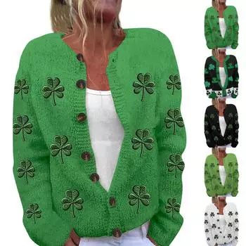 Женская мода ул.. Вязаный кардиган с длинными рукавами и принтом Патрика на пуговицах M