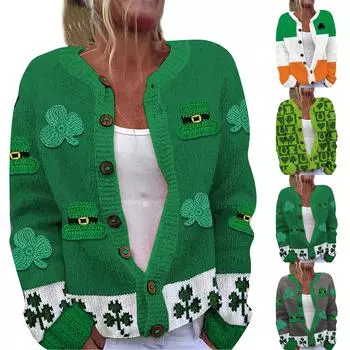 Женская мода ул.. Вязаный кардиган с длинными рукавами и принтом Патрика на пуговицах L армия зеленый