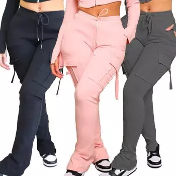 Женская мода уличная одежда с разрезом по низу, расклешенным карманом спереди, высокой талией и шнурком, женская одежда, мешковатые спортивные штаны XXL чёрный