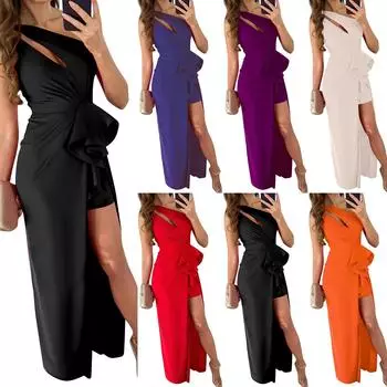 Женская мода универсальное сексуальное плечо праздничное многоцветное платье M оранжевый