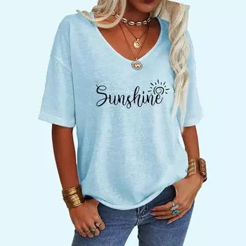 Женская мода V-образный воротник футболка летняя повседневная футболка с буквенным принтом свободная футболка с коротким рукавом S белый