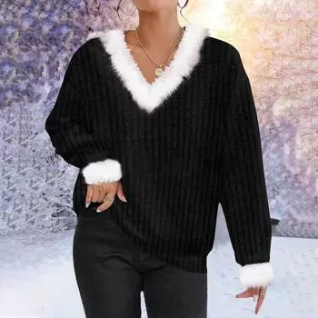 Женская мода V-образный воротник из шерсти и хлопка с вертикальным сплошным цветом свитер L чёрный