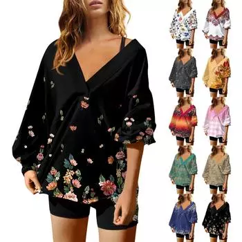 Женская мода V-образный вырез длинный рукав принтованный свободный пуловер свитшот топ XXL