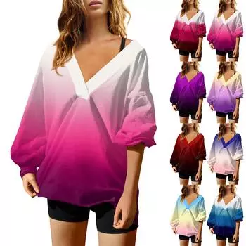 Женская мода V-образный вырез длинный рукав принтованный свободный пуловер свитшот топ XXL фиолетовый