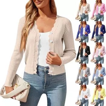Женская мода V-образный вырез длинный рукав короткий женский вязаный кардиган свитер пальто L бежевый
