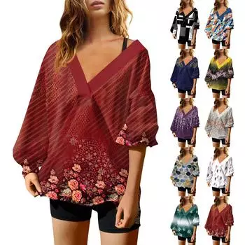 Женская мода V-образный вырез длинный рукав принтованный свободный пуловер свитшот топ XL