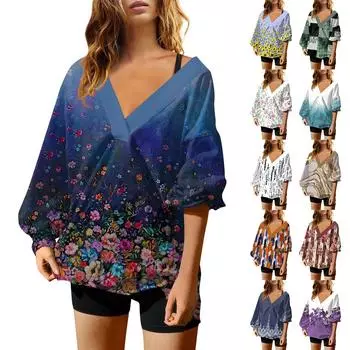 Женская мода V-образный вырез длинный рукав принтованный свободный пуловер свитшот топ S жёлтый