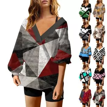 Женская мода V-образный вырез длинный рукав принтованный свободный пуловер свитшот топ L циан