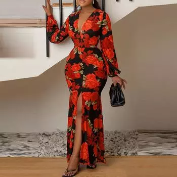 Женская мода V-образный вырез длинный рукав принт облегающие платья с разрезом S красный