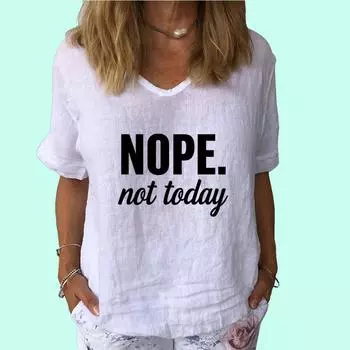 Женская мода V-образный вырез футболка повседневный хлопок лен короткий рукав топ женский пуловер блузка с принтом S