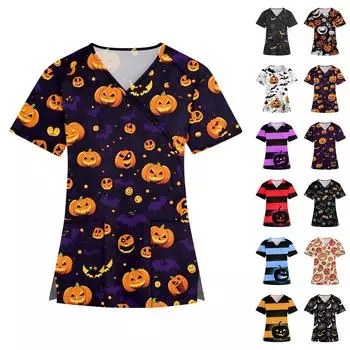Женская мода V-образный вырез Хэллоуин принт короткий рукав рабочая одежда с карманами топы XL жёлтый