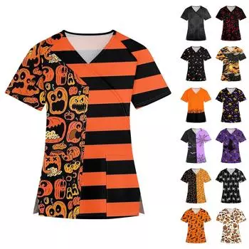 Женская мода V-образный вырез Хэллоуин принт короткий рукав рабочая одежда с карманами топы M
