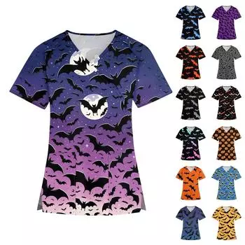 Женская мода V-образный вырез Хэллоуин принт короткий рукав рабочая одежда с карманами топы XXXL синий