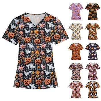 Женская мода V-образный вырез Хэллоуин принт короткий рукав рабочая одежда с карманами топы M