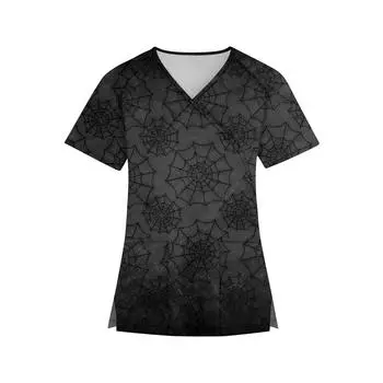 Женская мода V-образный вырез Хэллоуин принт короткий рукав рабочая одежда с карманами топы XXXXXL