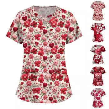Женская мода V-образный вырез ко Дню святого Валентина с принтом, короткими рукавами, маленькими карманами, рабочая одежда, топы M