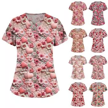 Женская мода V-образный вырез ко Дню святого Валентина с принтом, короткими рукавами, маленькими карманами, рабочая одежда, топы XXXXXL