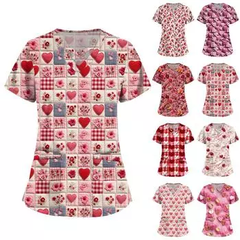 Женская мода V-образный вырез ко Дню святого Валентина с принтом, короткими рукавами, маленькими карманами, рабочая одежда, топы M