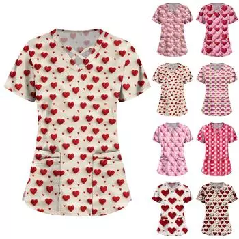 Женская мода V-образный вырез ко Дню святого Валентина с принтом, короткими рукавами, маленькими карманами, рабочая одежда, топы M