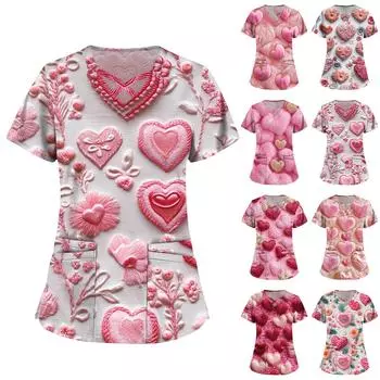 Женская мода V-образный вырез ко Дню святого Валентина с принтом, короткими рукавами, маленькими карманами, рабочая одежда, топы XXXXXL