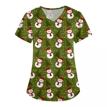 Женская мода V-образный вырез короткий рукав рабочая одежда с карманом рождественский принт топ XXXL