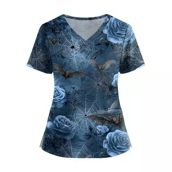 Женская мода V-образный вырез короткий рукав комбинезон с карманами принт топы одежда XXL