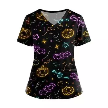 Женская мода V-образный вырез короткий рукав комбинезон с карманами принт топы одежда XXXL чёрный