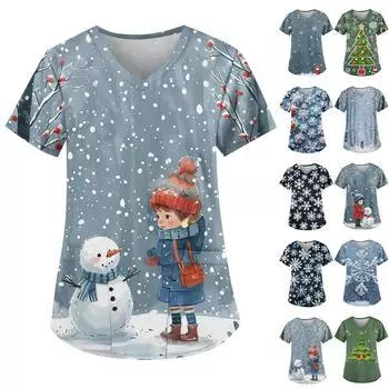 Женская мода V-образный вырез короткий рукав рабочая одежда с карманом рождественский принт топ XL
