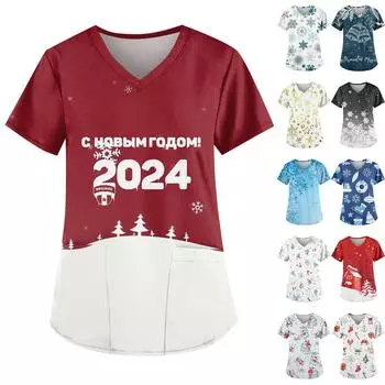 Женская мода V-образный вырез короткий рукав рабочая одежда с карманом рождественский принт топ L чёрный