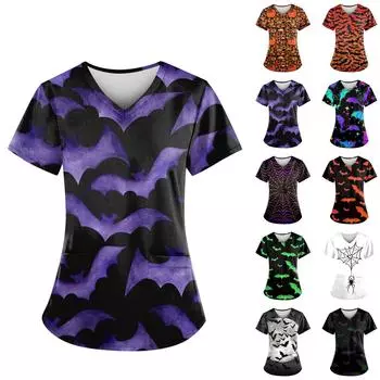 Женская мода V-образный вырез короткий рукав комбинезон с карманами Хэллоуин принтованные топы одежда XXL имбирный