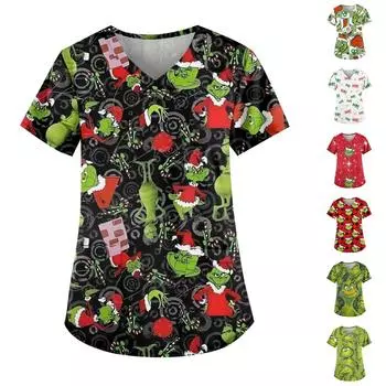 Женская мода V-образный вырез короткий рукав рабочая одежда с карманом рождественский принт топ S чёрный