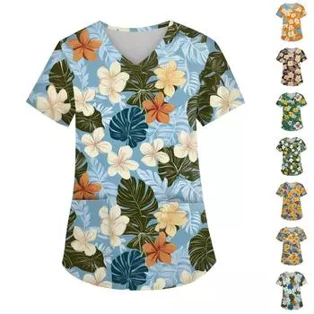 Женская мода V-образный вырез короткий рукав комбинезон с карманами принт топы одежда XXXXXL