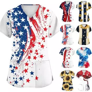 Женская мода V-образный вырез короткий рукав рабочая одежда с карманами День независимости принтованные топы M