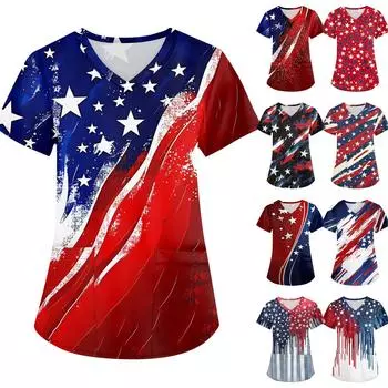 Женская мода V-образный вырез короткий рукав рабочая одежда с карманами День независимости принтованные топы L синий