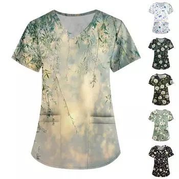 Женская мода V-образный вырез короткий рукав комбинезон с карманами принт топы одежда XXXXXL