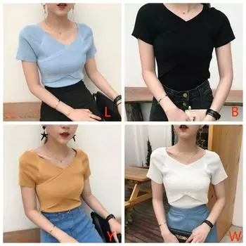 Женская мода V-образный вырез крест-накрест топы спереди короткий рукав футболка сексуальные тонкие рубашки One size