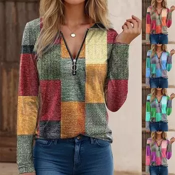 Женская мода V-образный вырез молния повседневный длинный рукав базовый топ блузка плюс размер M синий