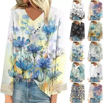 Женская мода V-образный вырез на пуговицах с длинным рукавом кружевной принтованный свободный топ-блузка L