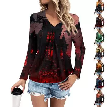 Женская мода V-образный вырез плиссированные полоски принт повседневный длинный рукав L оранжевый